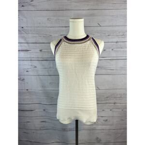 Ann Taylor Cream Crochet Knit Sleeveless Sweater Tank Top Womens S Purple Trim